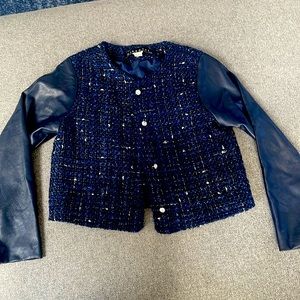 Biscotti girls blazer metallic blue tweed jacket leather sleeves 6x
